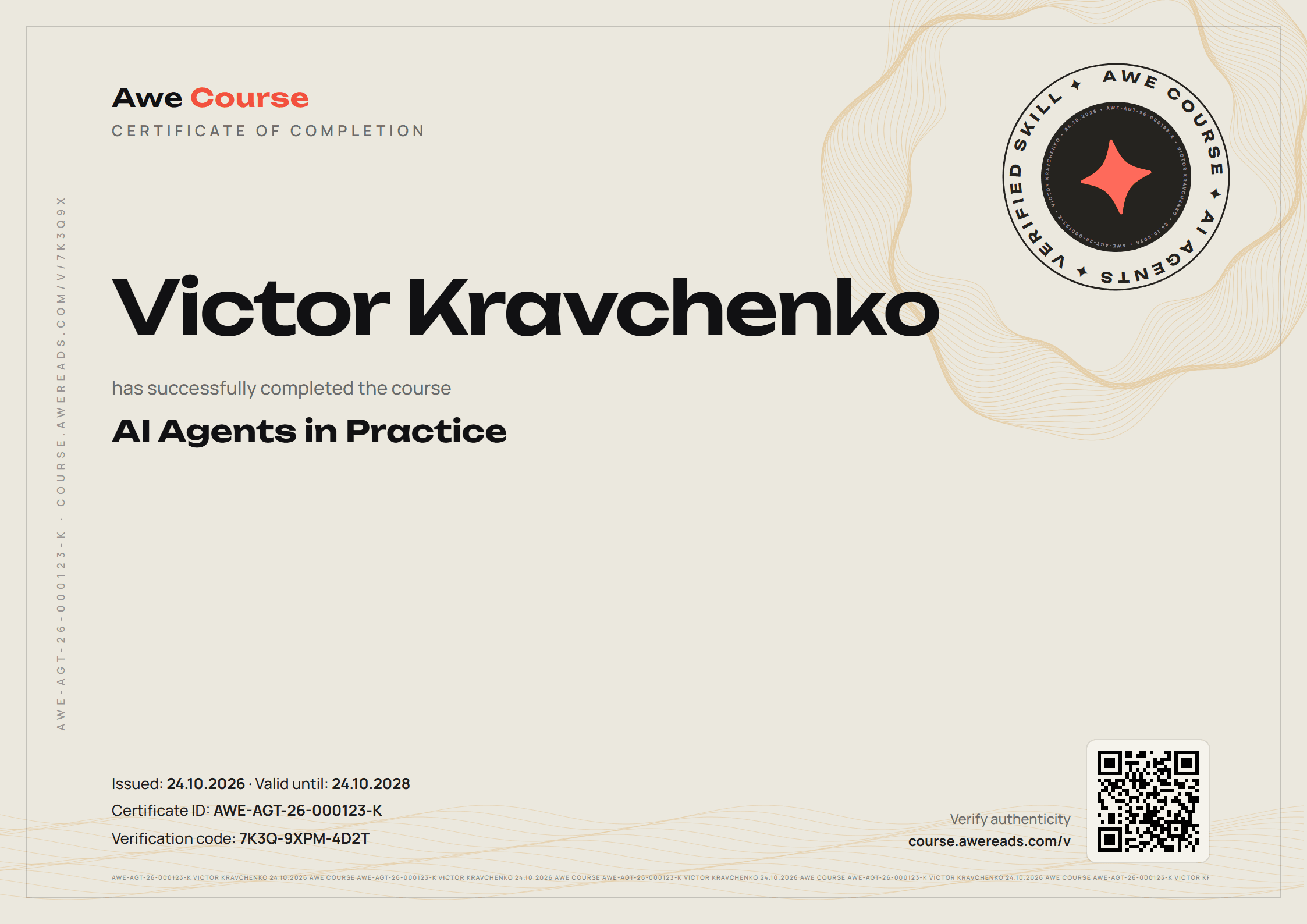 Sample Awe Course certificate